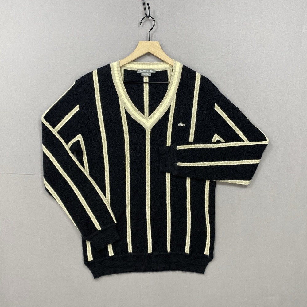Lacoste V-Neck Sweater Mens 5 Baby Alpaca Striped Vintage Y2K Grunge Distressed